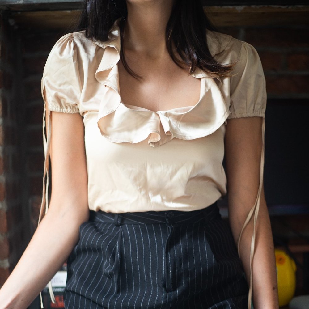 Large Champagne Satin Bodysuit with Ruffles, ASOS